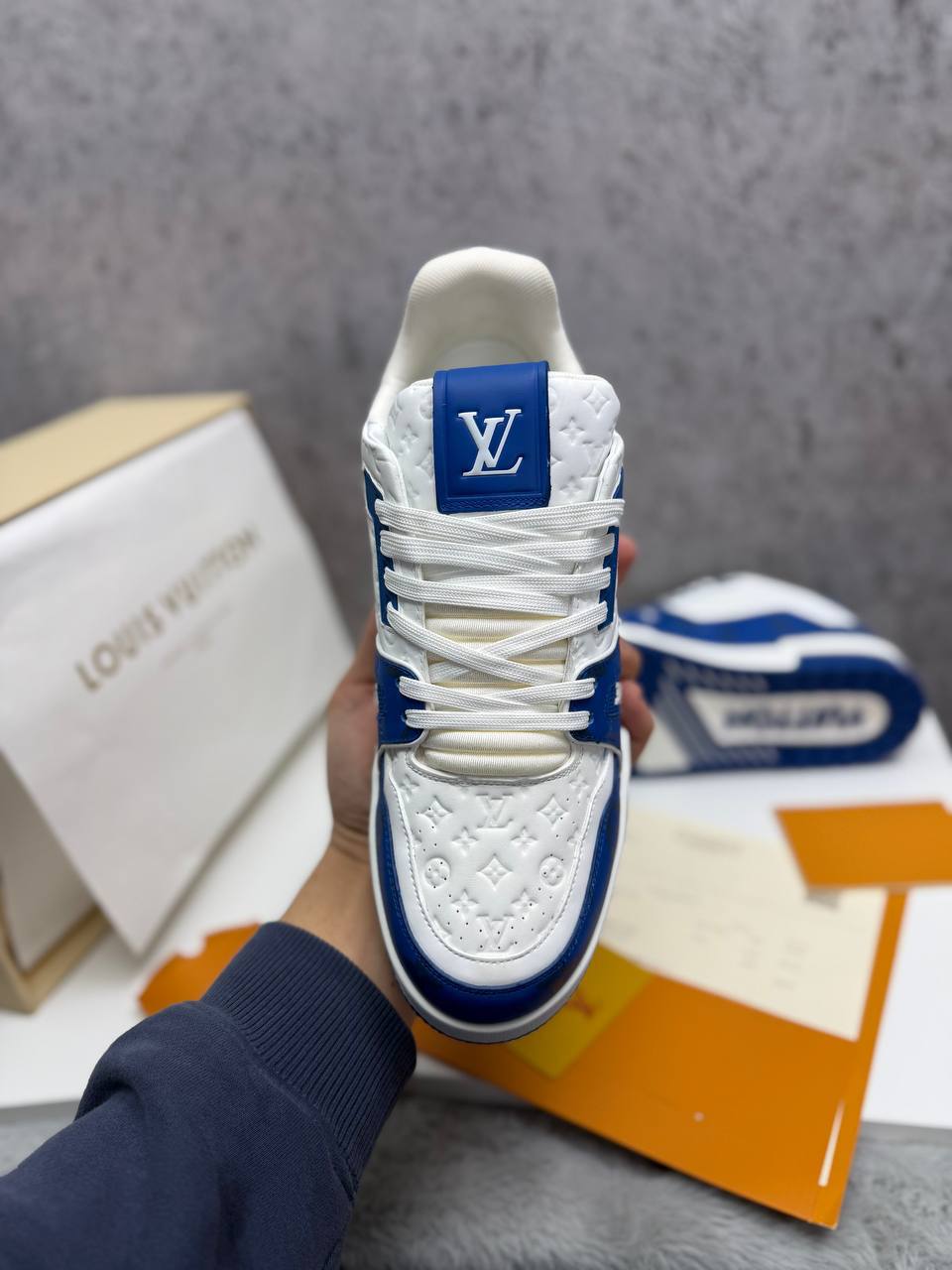 photo 5848330596600450574 y 1.jpg Louis Vuitton LV Monogram Canvas Strap Sneakers in White/Blue Men's Reps Sale UK Best Quality AAA Replica