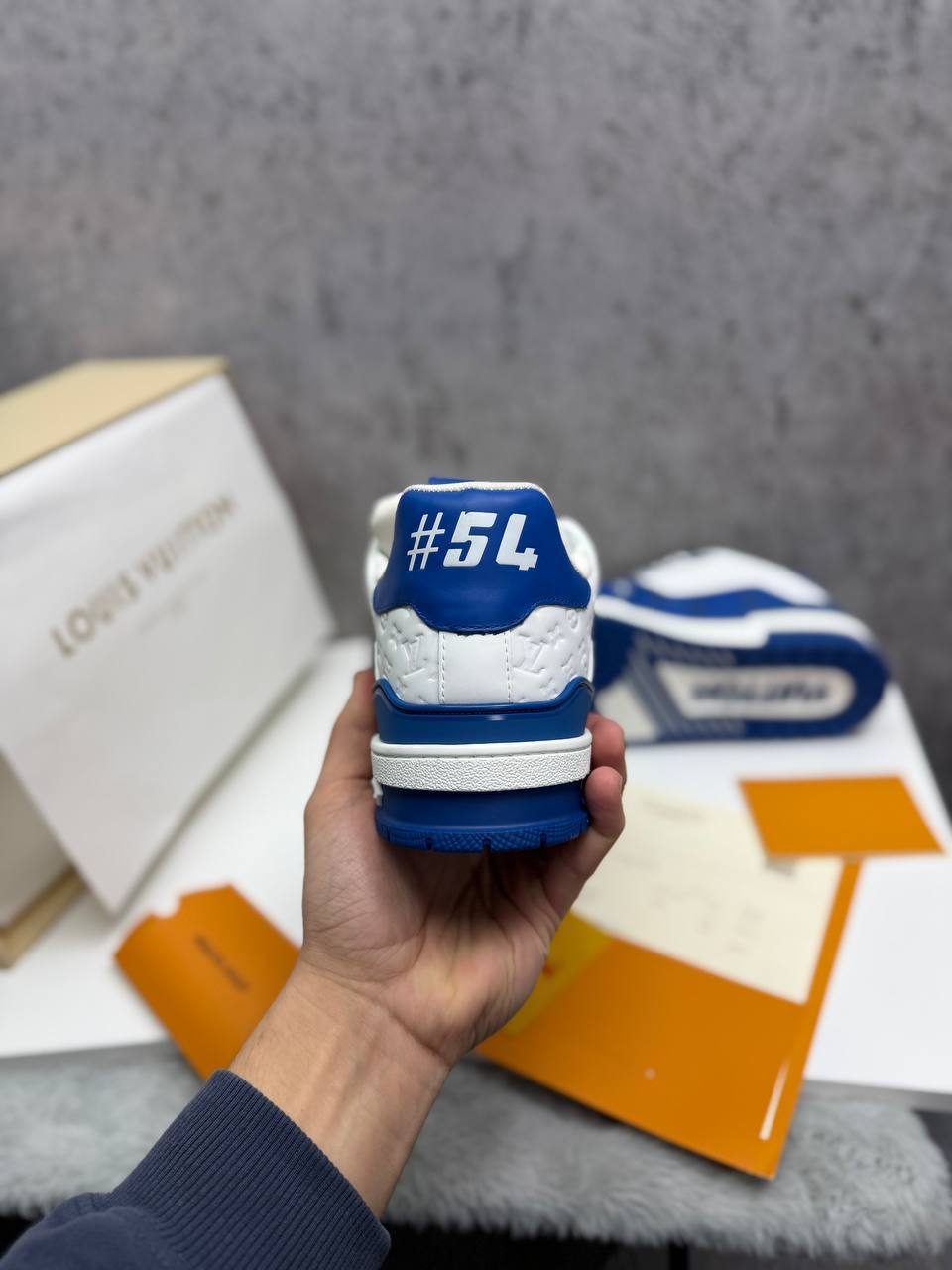 photo 5848330596600450575 y 1.jpg Louis Vuitton LV Monogram Canvas Strap Sneakers in White/Blue Men's Reps Sale UK Best Quality AAA Replica