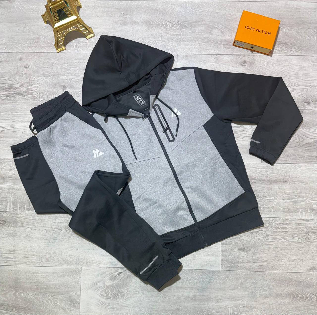 photo 5852696774454218047 y.jpg Montirex MTX Panel Logo Tracksuit Men's in Grey/Black Color Reps Sale Best Quality AAA Replica