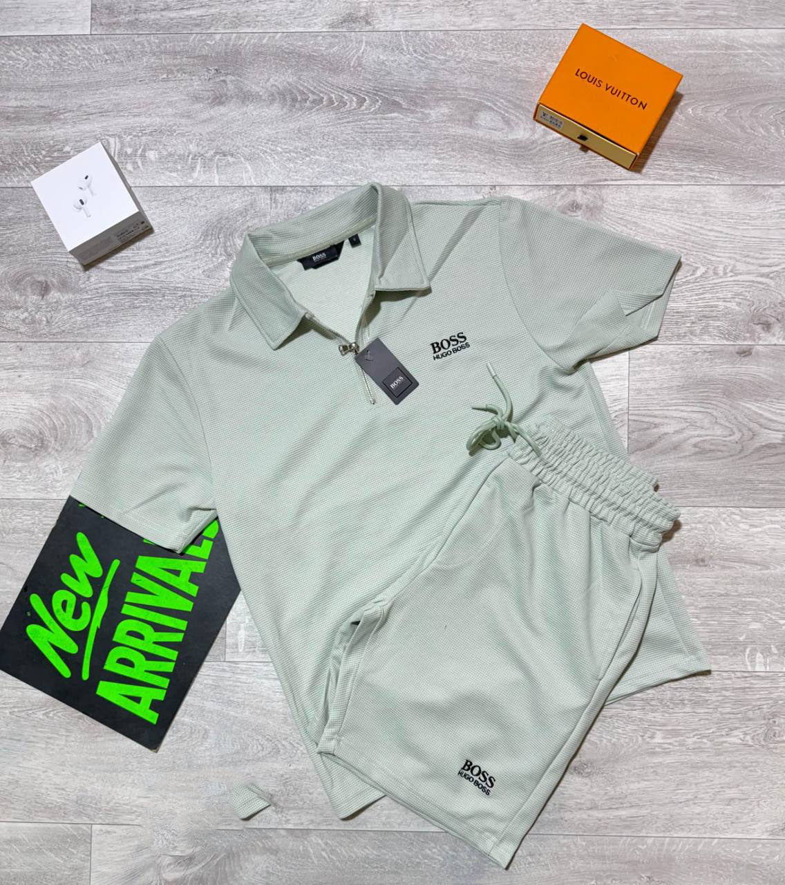 photo 5852696774454218053 y.jpg Hugo Boss Quarter-Zip Polo Shirts & Shorts Set in Mint Green Color Men's Reps Sale UK Best Quality AAA Replica