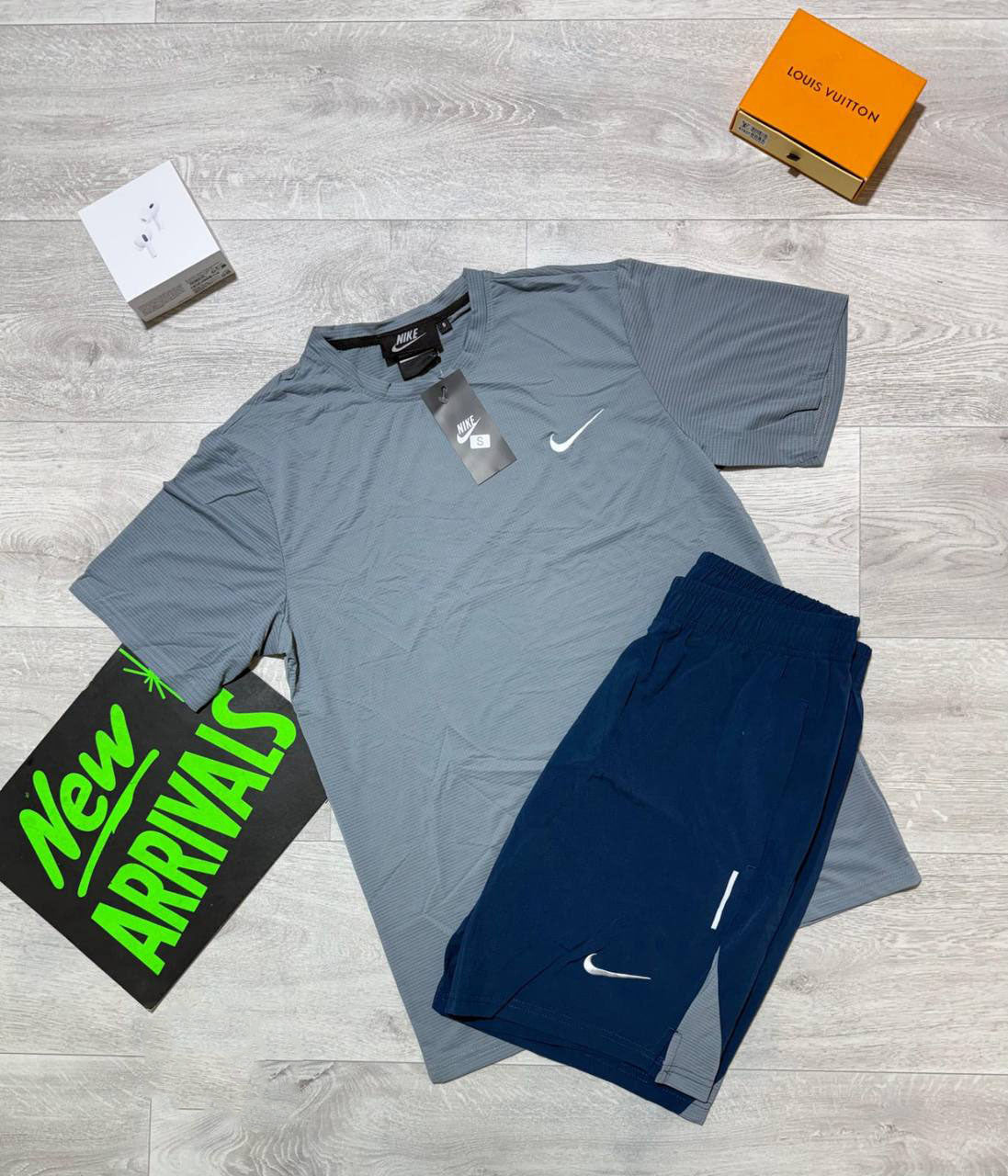 photo 5852696774454218067 y.jpg Nike Miler Running Top T-Shirt & Shorts Set in Grey/Navy Blue Color Reps UK Best Quality Sale AAA Replica