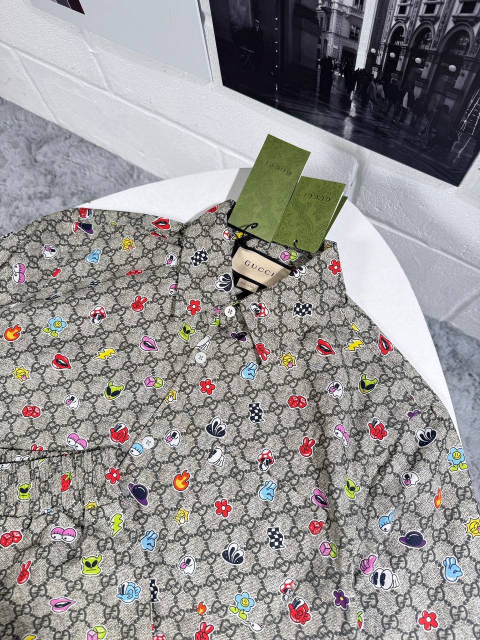 photo 5940325089523994319 y.jpg Gucci GG Supreme Canvas Face Print Short-Sleeve Shirt and Shorts Set Reps UK Best Quality Sale AAA Replica