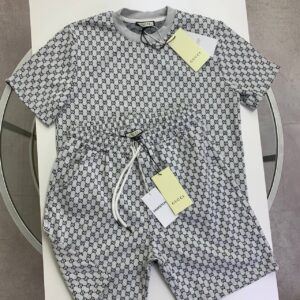 Gucci GG Monogram Men's T-shirt and Drawstring Shorts Set in Gray & Black Colorway Reps UK Best Quality Sale AAA Replica