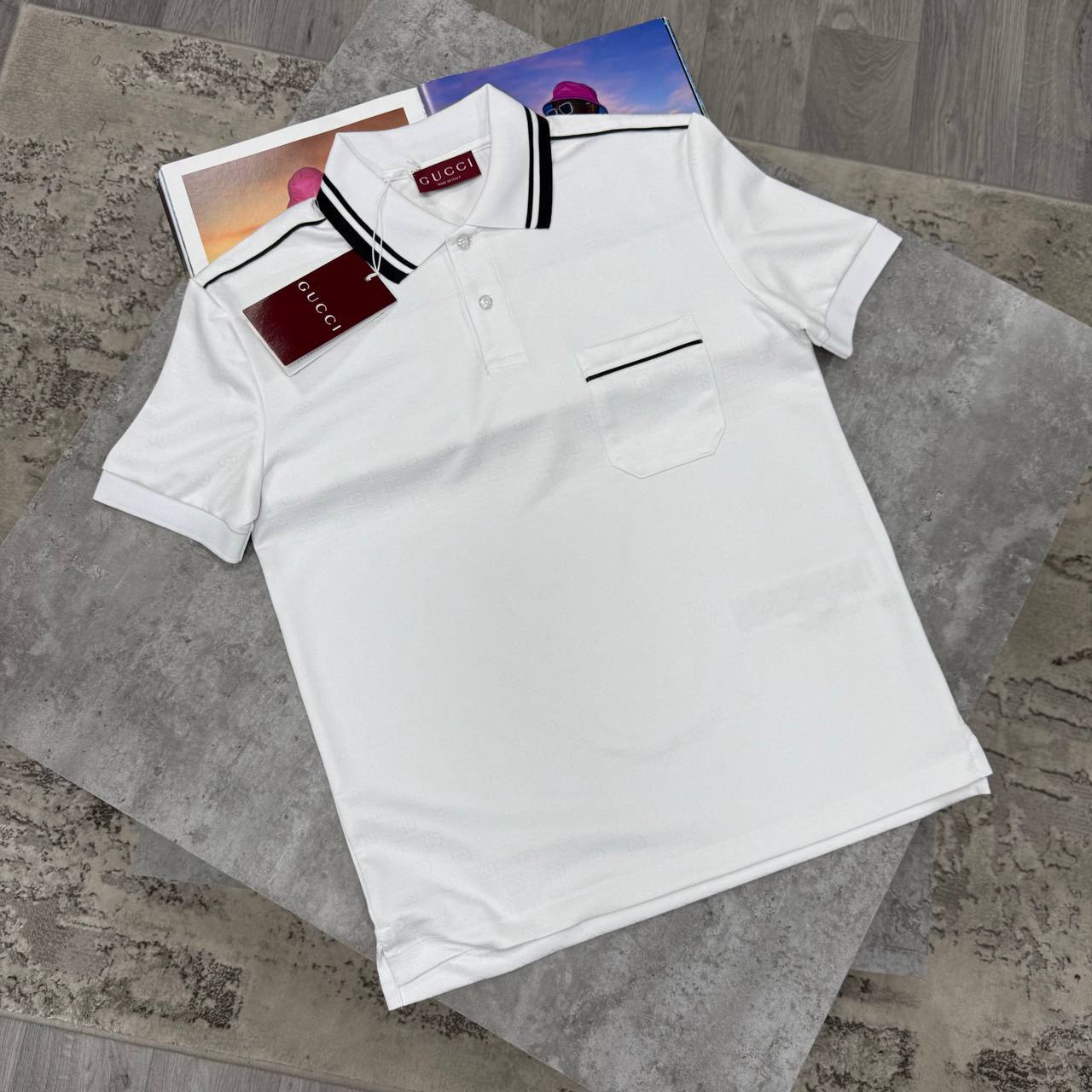 photo 5947382717223734460 y 1.jpg Gucci Men's Classic Cotton Polo Top with Striped Collar & Pocket in Different Colors Reps Sale UK Sale Best Quality AAA Replica