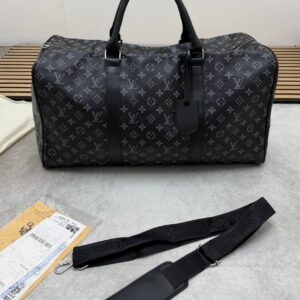Louis Vuitton Black Monogram Eclipse Canvas Duffle Bag with Leather Shoulder Strap Men's Women's Reps Sale UK Best Quality AAA Replica