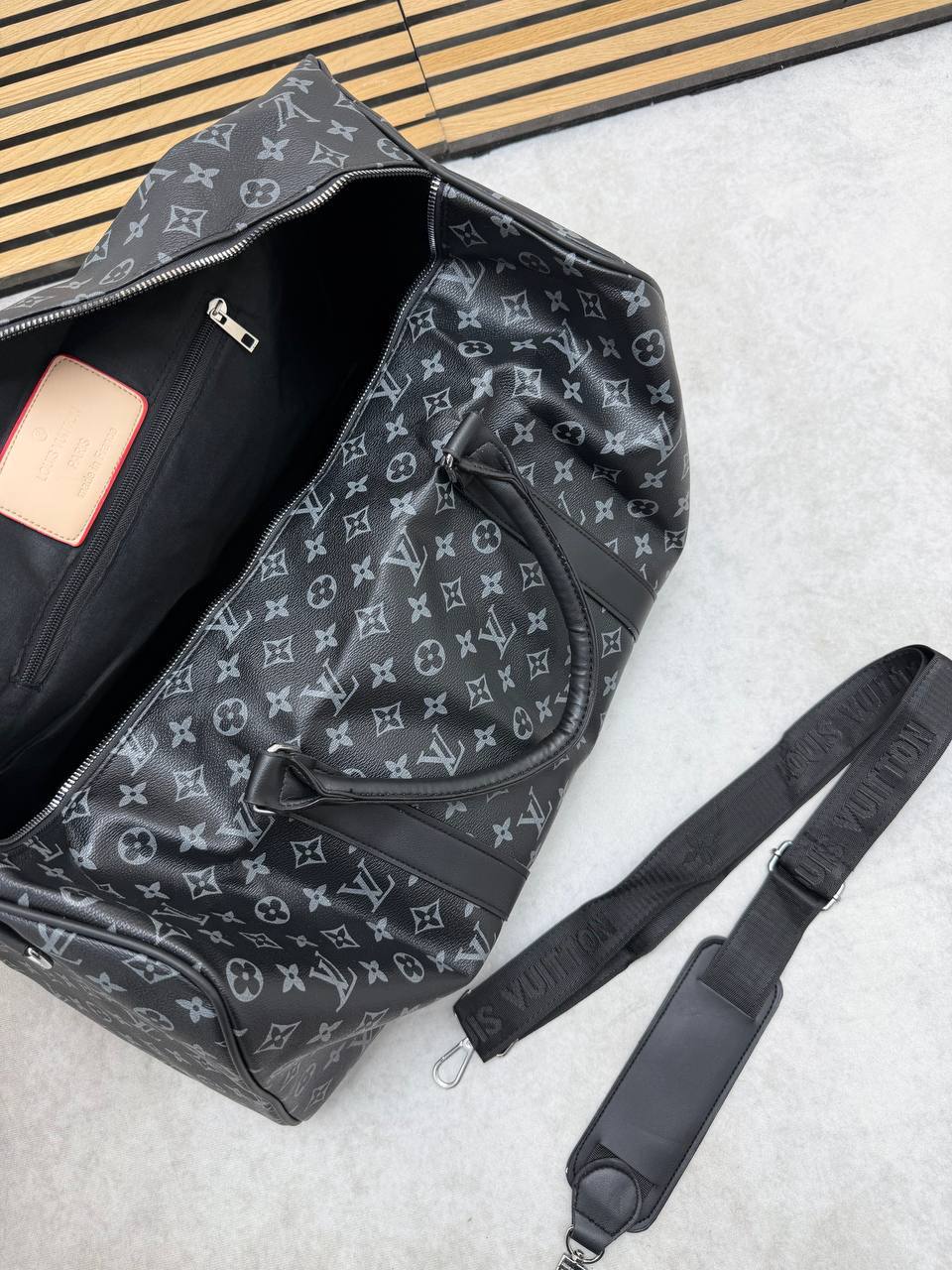 photo 5947382717223734467 y 1.jpg Louis Vuitton Black Monogram Eclipse Canvas Duffle Bag with Leather Shoulder Strap Men's Women's Reps Sale UK Best Quality AAA Replica