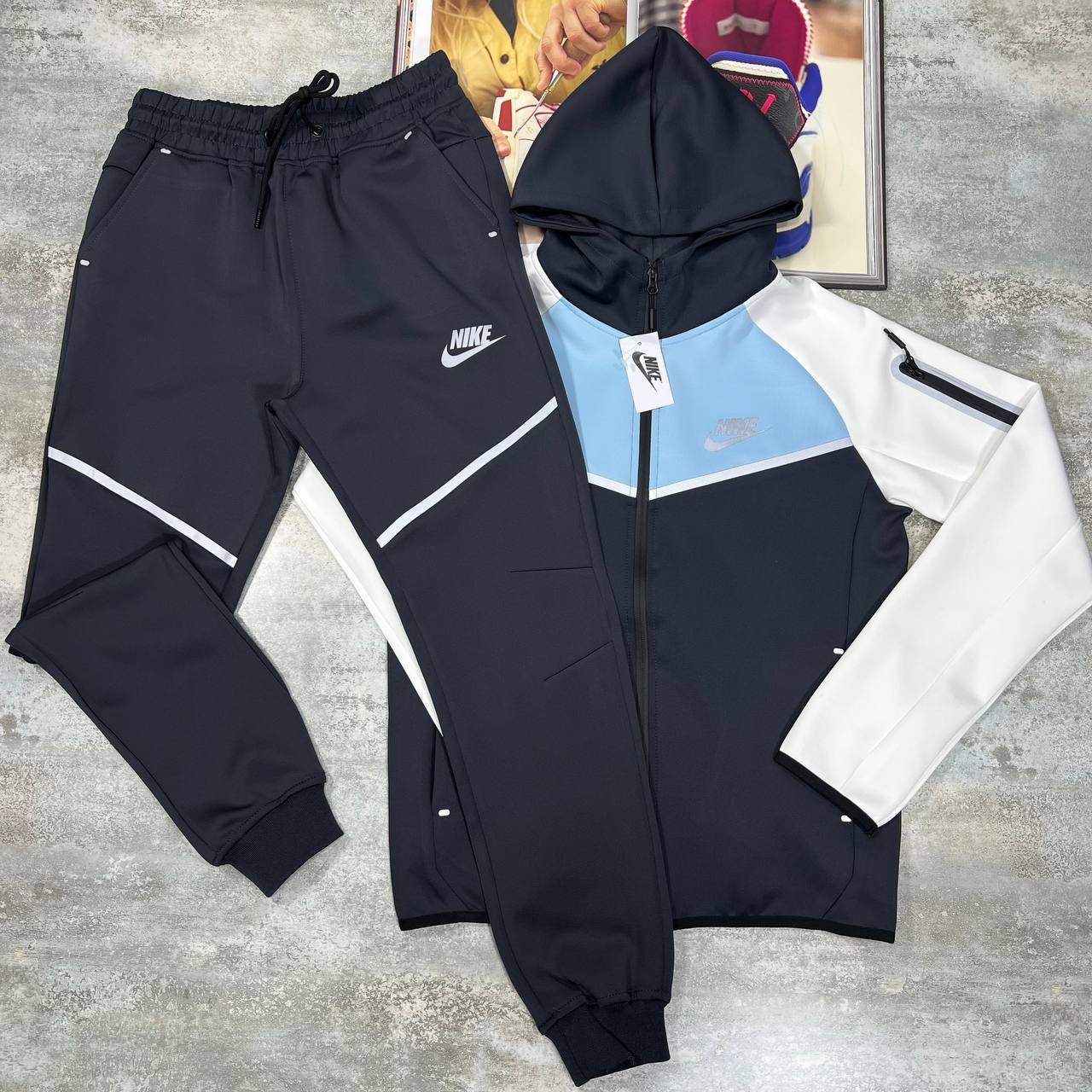photo 5947382717223734474 y.jpg Nike Men's Tech Fleece Full-Zip Hooded Tracksuit Set in Navy/Blue/White Color Reps Sale UK Best Quality AAA Replica