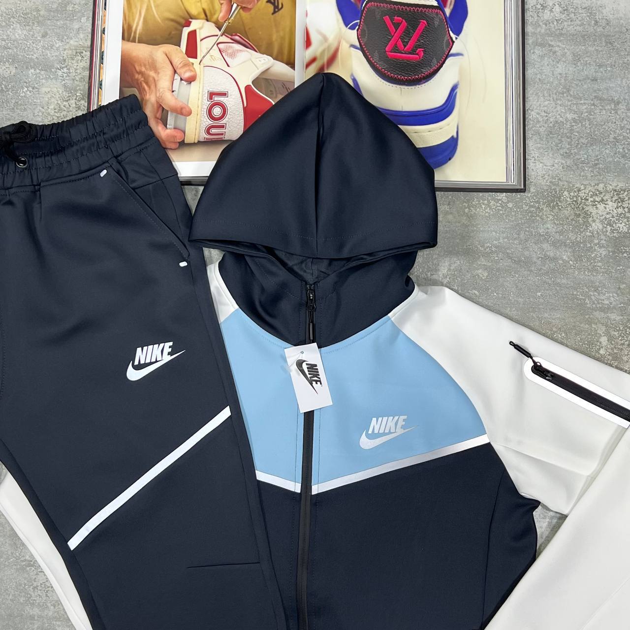 photo 5947382717223734475 y.jpg Nike Men's Tech Fleece Full-Zip Hooded Tracksuit Set in Navy/Blue/White Color Reps Sale UK Best Quality AAA Replica