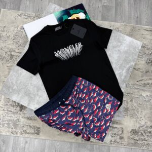 Moncler Men’s Black Wave Logo T-Shirt & Navy Shark Print Swim Shorts Set Men's Reps Sale UK Best Quality Replica