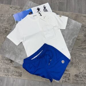 Moncler Men’s White Monogram Pocket T-Shirt & Royal Blue Swim Shorts Set Men's Reps Sale UK Best Quality Replica